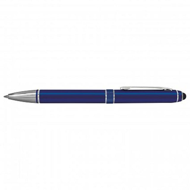 Set of 30 dark blue stylus pens with twist action, aluminum barrel, chrome accents, ideal for writing and touch screens.