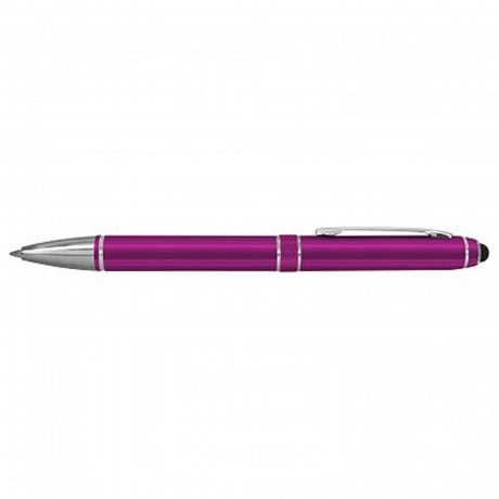Set of 30 purple Antares stylus pens with twist action, aluminum body, and chrome accents, perfect for writing and touchscreen use.