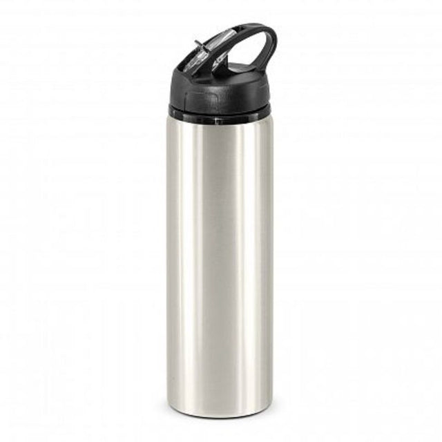 Set of 12 sleek silver 750ml BPA-free aluminium bottles with flip cap and carry handle for easy hydration on-the-go.