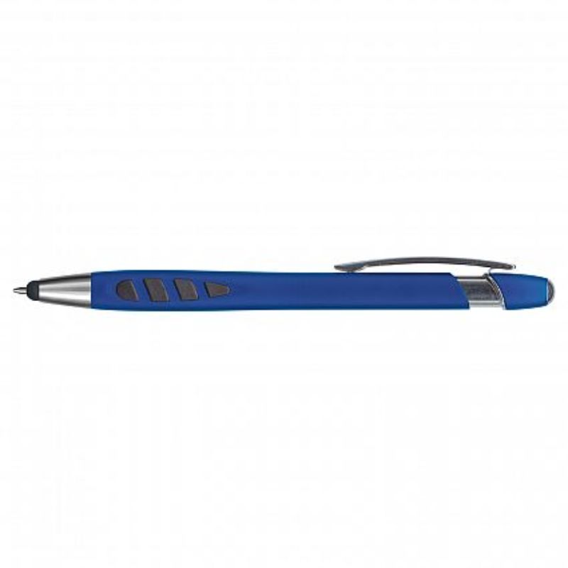 Dark blue Havana stylus pens with chrome trim, retractable design, and soft grip, ideal for corporate gifting (set of 50).