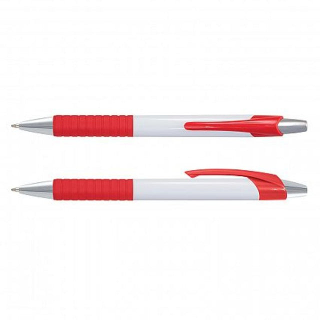 Cleo Pen set of 100 in white with red accents, featuring soft-touch grip and smooth-writing black ink refill.