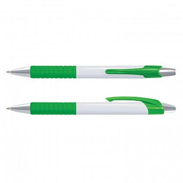 Set of 100 Cleo Pens in white and bright green, featuring a soft-touch grip and quality German ink for smooth writing.