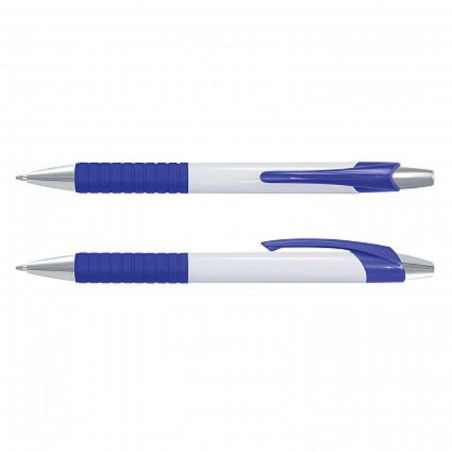 Set of 100 Cleo pens in white and blue with chrome trim, featuring smooth retractable design and comfortable grip.