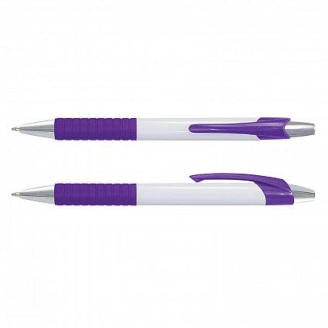 Retractable white and purple ball pen set of 100 with chrome trim and soft-touch grip for comfortable writing.
