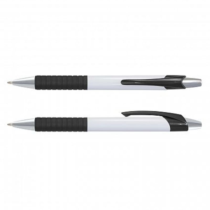 Set of 100 Cleo Pens featuring a sleek white barrel, black accents, soft-touch grip, and smooth German ink refill.