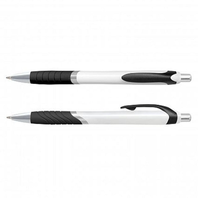 Set of 100 Jet Pens with white barrels, chrome trim, soft-touch grip, and smooth black ink for superior writing comfort.