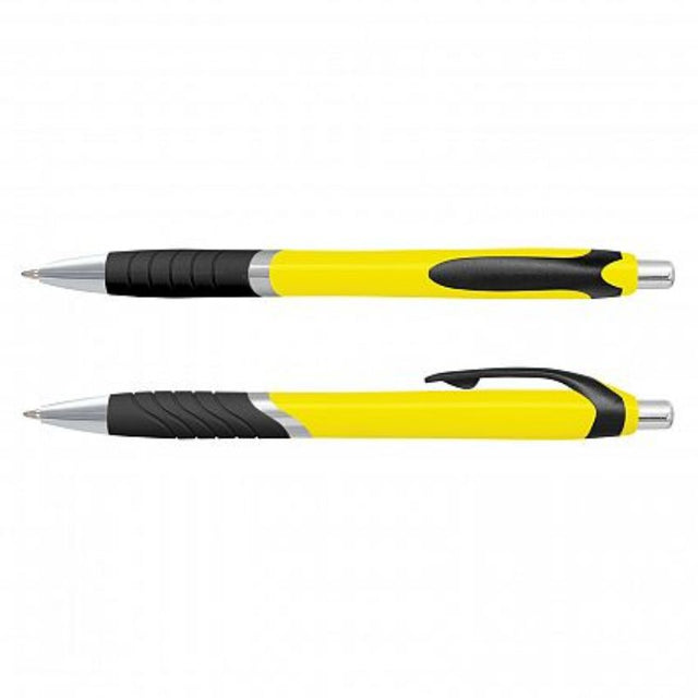 Set of 100 Jet Pens with vibrant yellow barrels, soft-touch grips, and chrome trim, ideal for schools and offices.