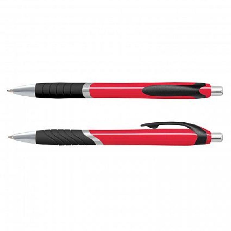 Set of 100 red Jet Pens with soft-touch grip, chrome trim, and smooth 1200m ink for comfortable writing.