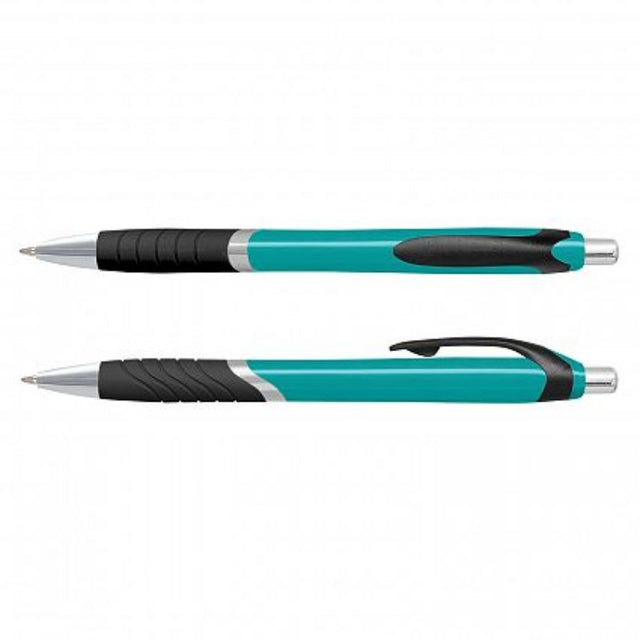 Set of 100 teal retractable pens with soft-touch grip and chrome trim, ideal for stylish writing in any setting.