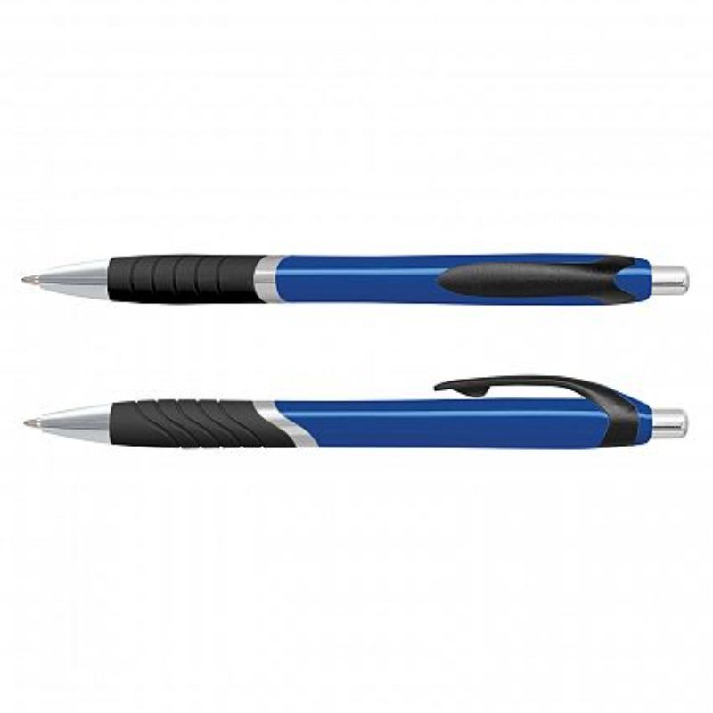 Set of 100 dark blue retractable ball pens with soft-touch grip and chrome trim for comfortable writing.