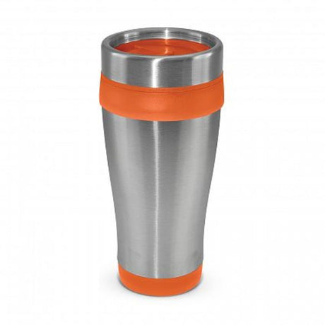 Set of 12 vibrant orange Aspen travel mugs with a double wall for hot drinks, featuring a secure lid and splashproof closure.