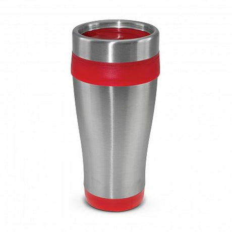Set of 12 red Aspen travel mugs, 350ml capacity, double wall insulated, with stainless steel outer and secure screw-on lids.