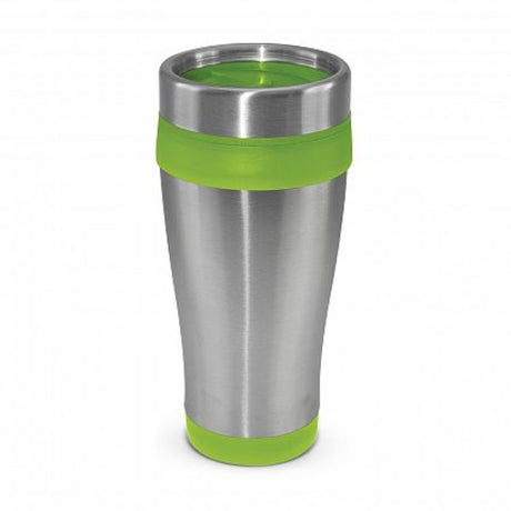 Bright green Aspen Travel Mug set of 12, featuring double wall insulation, leak-proof lid, and sleek stainless steel design.