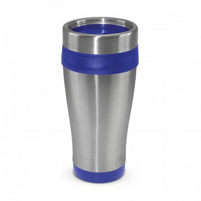 Set of 12 blue Aspen travel mugs, 350ml, double wall, stainless steel, BPA-free, with splash-proof lids for hot beverages.