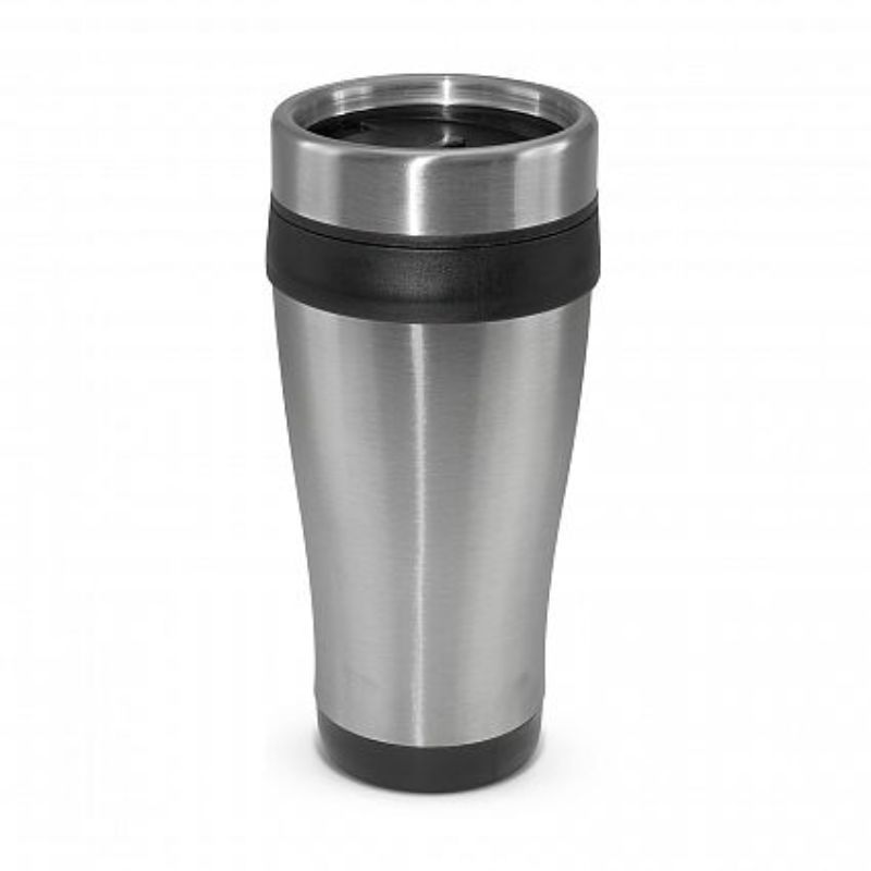 Set of 12 sleek black Aspen Travel Mugs with double-wall design, spill-proof lid, and BPA-free construction.