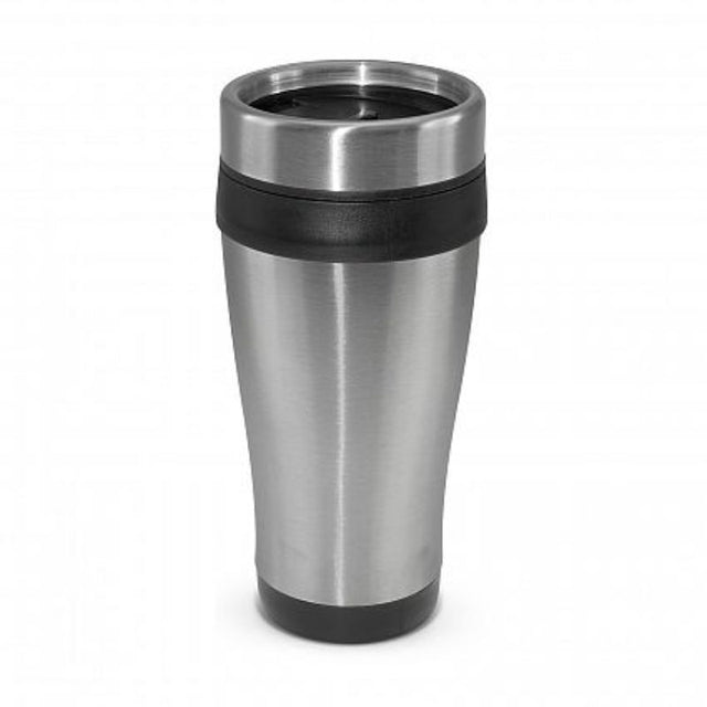 Set of 12 sleek black Aspen Travel Mugs with double-wall design, spill-proof lid, and BPA-free construction.
