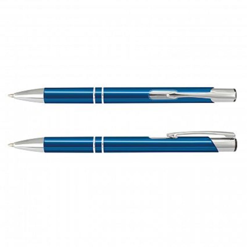 Set of 50 Royal Blue Panama Pens featuring shiny anodized barrels and smooth black ink refills for stylish writing.