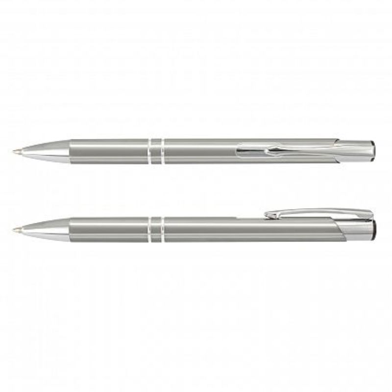 Set of 50 sleek silver retractable ball pens with chrome accents, perfect for business and promotional use.