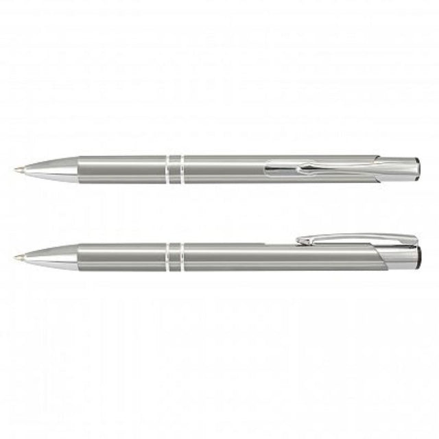 Set of 50 sleek silver retractable ball pens with chrome accents, perfect for business and promotional use.