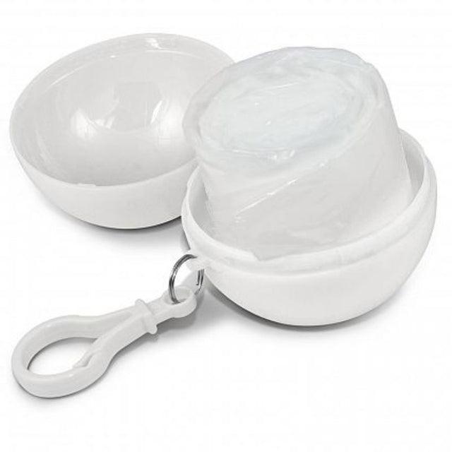 Compact white emergency raincoats in a round case, with clips for easy attachment, perfect for outdoor adventures. Set of 30.