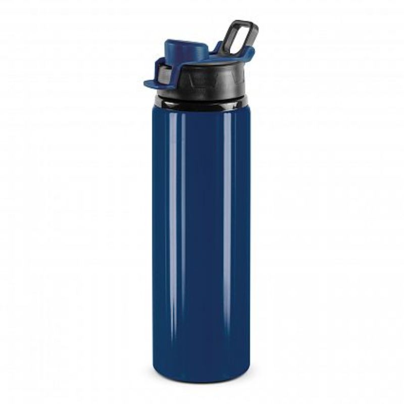 Set of 12 dark blue BPA-free 750ml aluminum bottles with leakproof snap caps and carry handles for easy hydration.