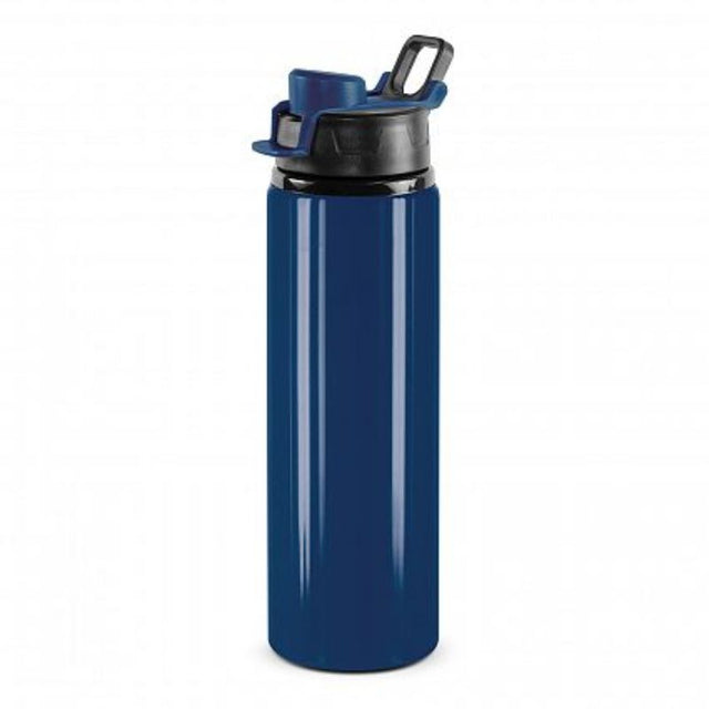 Set of 12 dark blue BPA-free 750ml aluminum bottles with leakproof snap caps and carry handles for easy hydration.