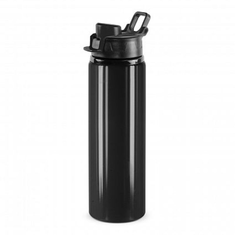 Set of 12 sleek black BPA-free aluminum bottles with secure snap caps, perfect for eco-friendly hydration on the go.