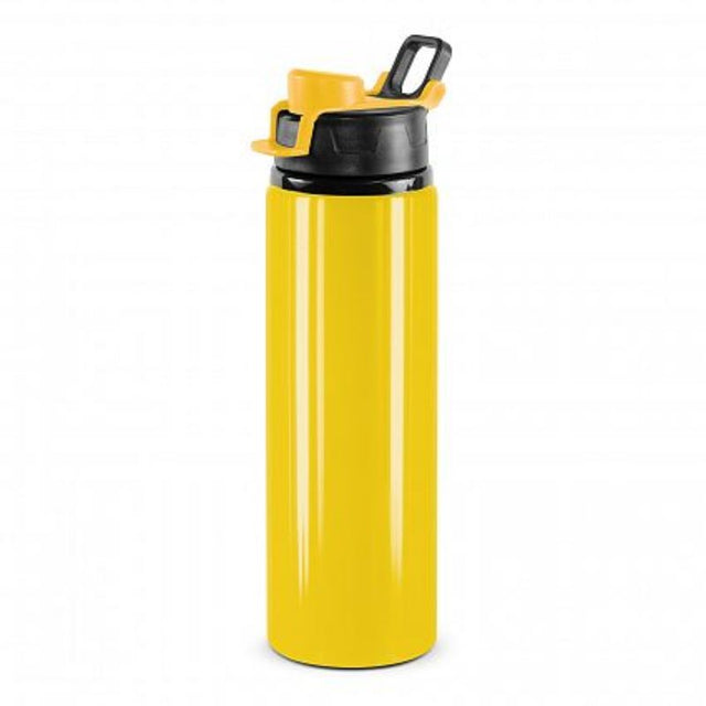 Vibrant yellow 750ml BPA-free aluminum drink bottles with snap caps and carry handles, perfect for stylish hydration on the go.