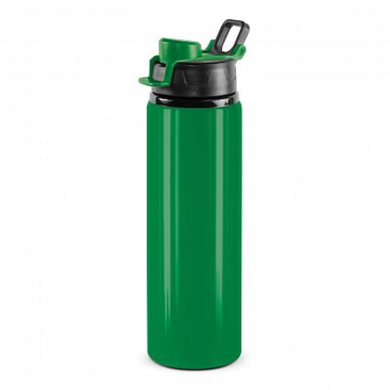 Set of 12 dark green 750ml aluminum bottles with leakproof snap caps and carry handles, ideal for hydration on the go.
