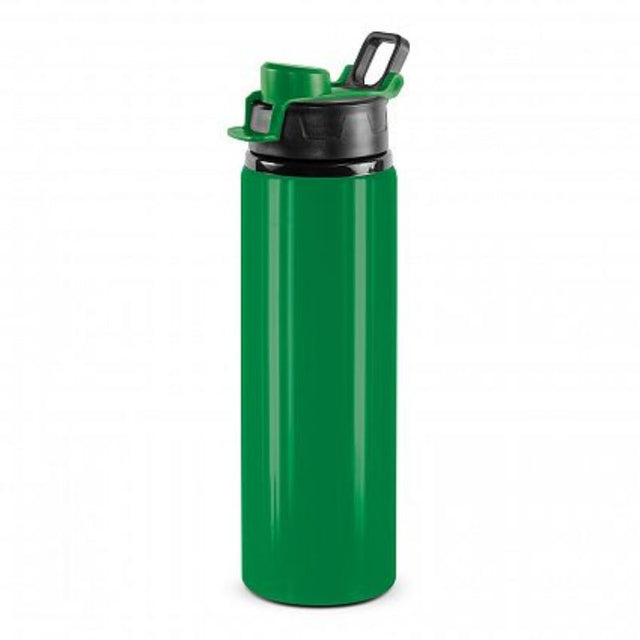 Set of 12 dark green 750ml aluminum bottles with leakproof snap caps and carry handles, ideal for hydration on the go.