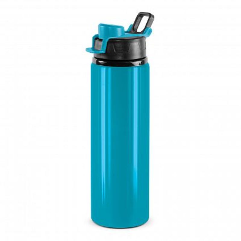 Set of 12 light blue BPA-free aluminium bottles with leakproof snap caps and carry handles for eco-friendly hydration.