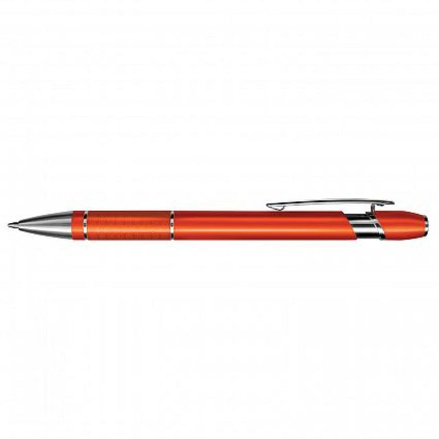 Set of 50 vibrant orange Centra retractable pens with sleek aluminium barrel and chrome accents, ideal for gifting and branding.