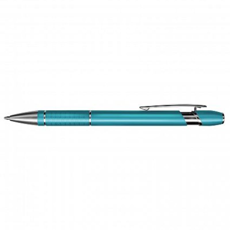 Light blue retractable aluminum pens with chrome accents, set of 50, featuring 800 meters of smooth black ink.