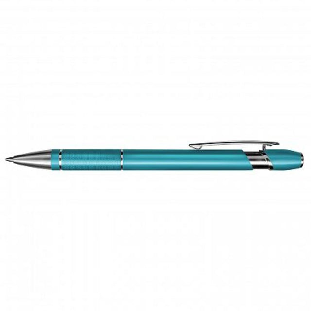Light blue retractable aluminum pens with chrome accents, set of 50, featuring 800 meters of smooth black ink.