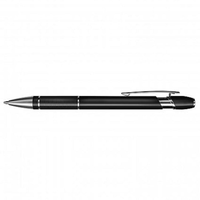 Set of 50 black retractable ballpoint pens with aluminum body, chrome accents, and 800 meters of smooth writing ink.
