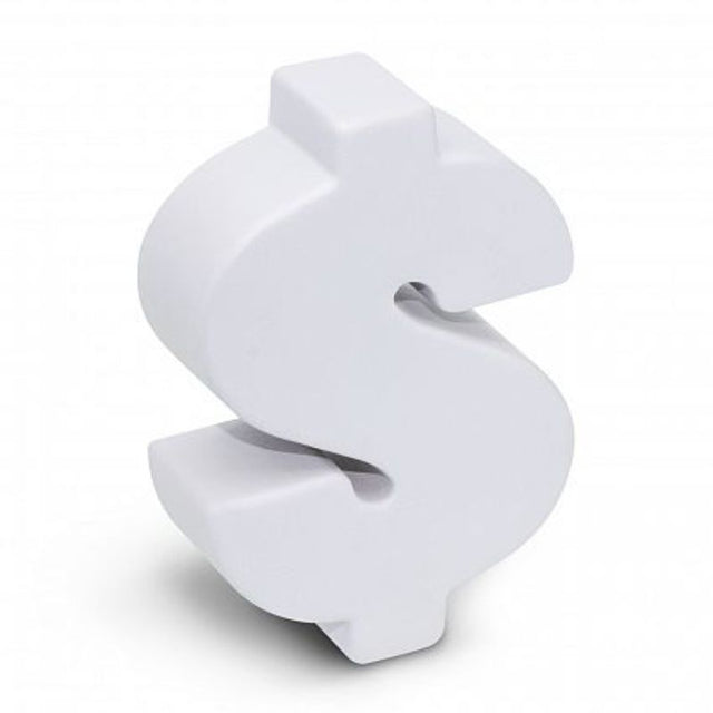 Set of 30 white dollar-shaped stress relievers made from soft polyurethane for effective stress relief and relaxation.