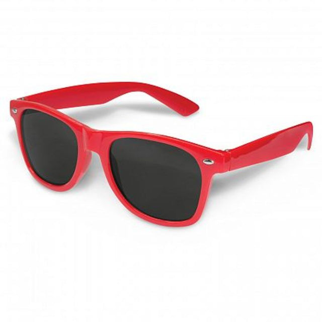 Vibrant red Malibu Premium Sunglasses, impact-resistant, UV 400 protection, ideal for events and promotional giveaways. Set of 30.