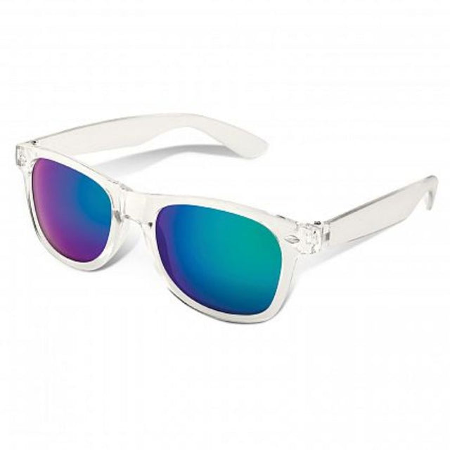 A stylish set of 30 Malibu Premium Sunglasses with clear and green mirror lenses, offering UV protection and durability.