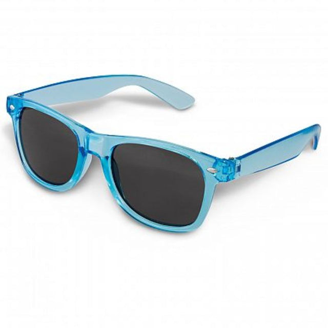 Translucent blue Malibu Premium Sunglasses, set of 30, offering UV protection and a stylish design for summer events.