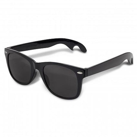 Malibu Sunglasses in black with built-in bottle opener, UV400 protection, perfect for summer events (set of 30).