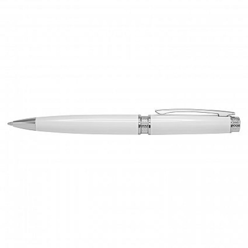 Elegant white twist-action ballpoint pens with chrome accents, ideal for smooth writing and professional gifting. Set of 12.