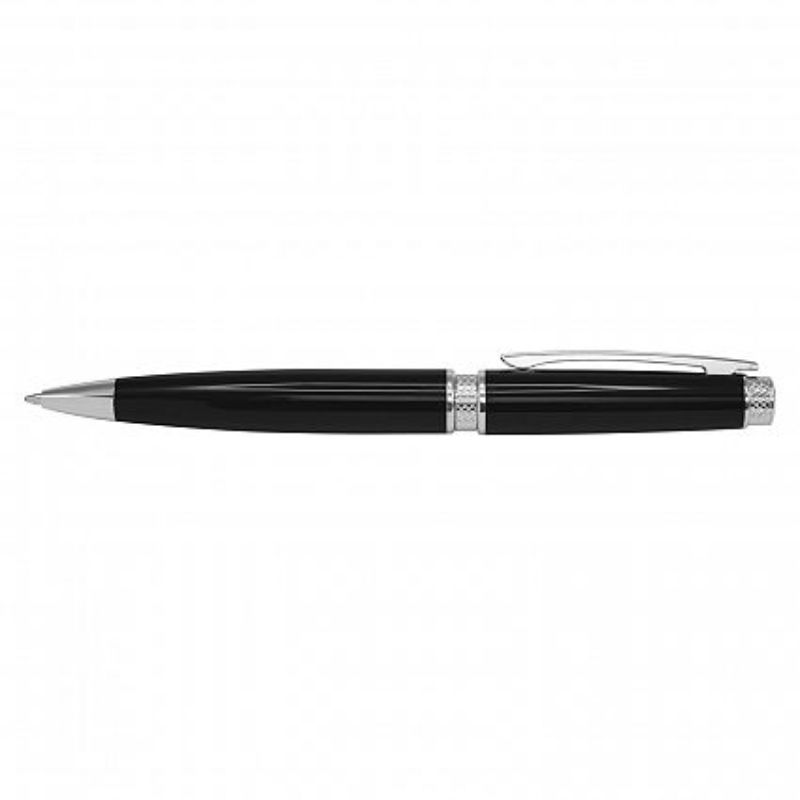 Set of 12 sleek black Ambassador Pens with brass bodies, chrome accents, and large refills for smooth writing.