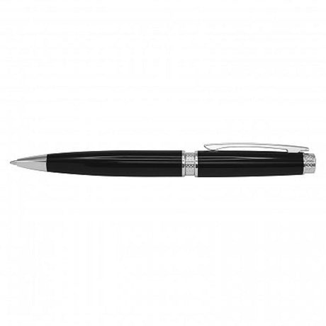 Set of 12 sleek black Ambassador Pens with brass bodies, chrome accents, and large refills for smooth writing.