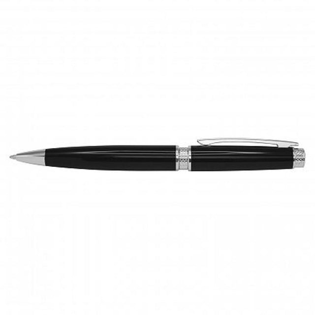 Set of 12 sleek black Ambassador Pens with brass bodies, chrome accents, and large refills for smooth writing.