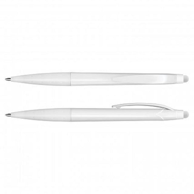 Set of 100 sleek white Spark Stylus Pens featuring twist action, touchscreen compatibility, and 500m black ink refill.