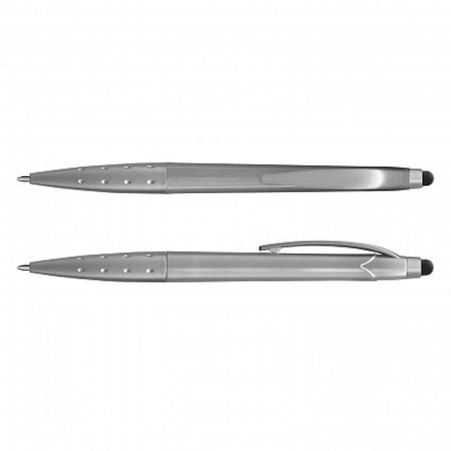 Set of 100 metallic silver stylus pens with twist action, ideal for writing and touch screen navigation.