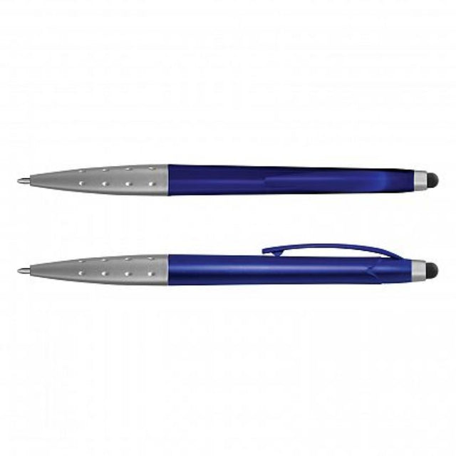 Metallic blue Spark Stylus Pen set of 100, featuring twist-action, a stylus tip, and high-quality writing performance.