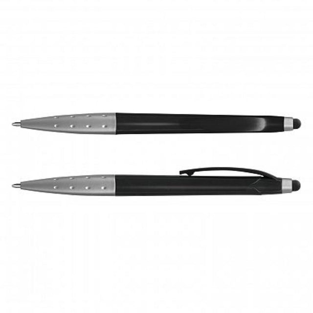 Multiple Spark Metallic Black Stylus Pens with sleek design and dual functionality for touchscreens and writing. Set of 100.