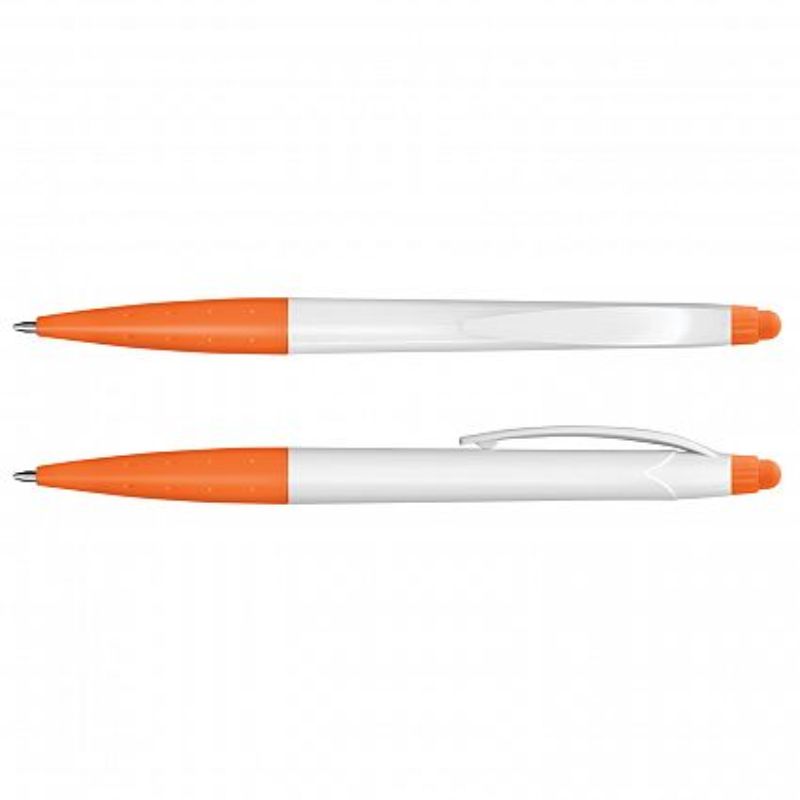 Set of 100 stylish white and orange Spark Stylus Pens with smooth-writing ink and touch screen compatibility.