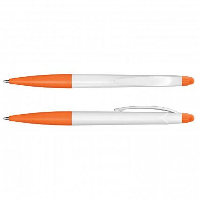Set of 100 stylish white and orange Spark Stylus Pens with smooth-writing ink and touch screen compatibility.